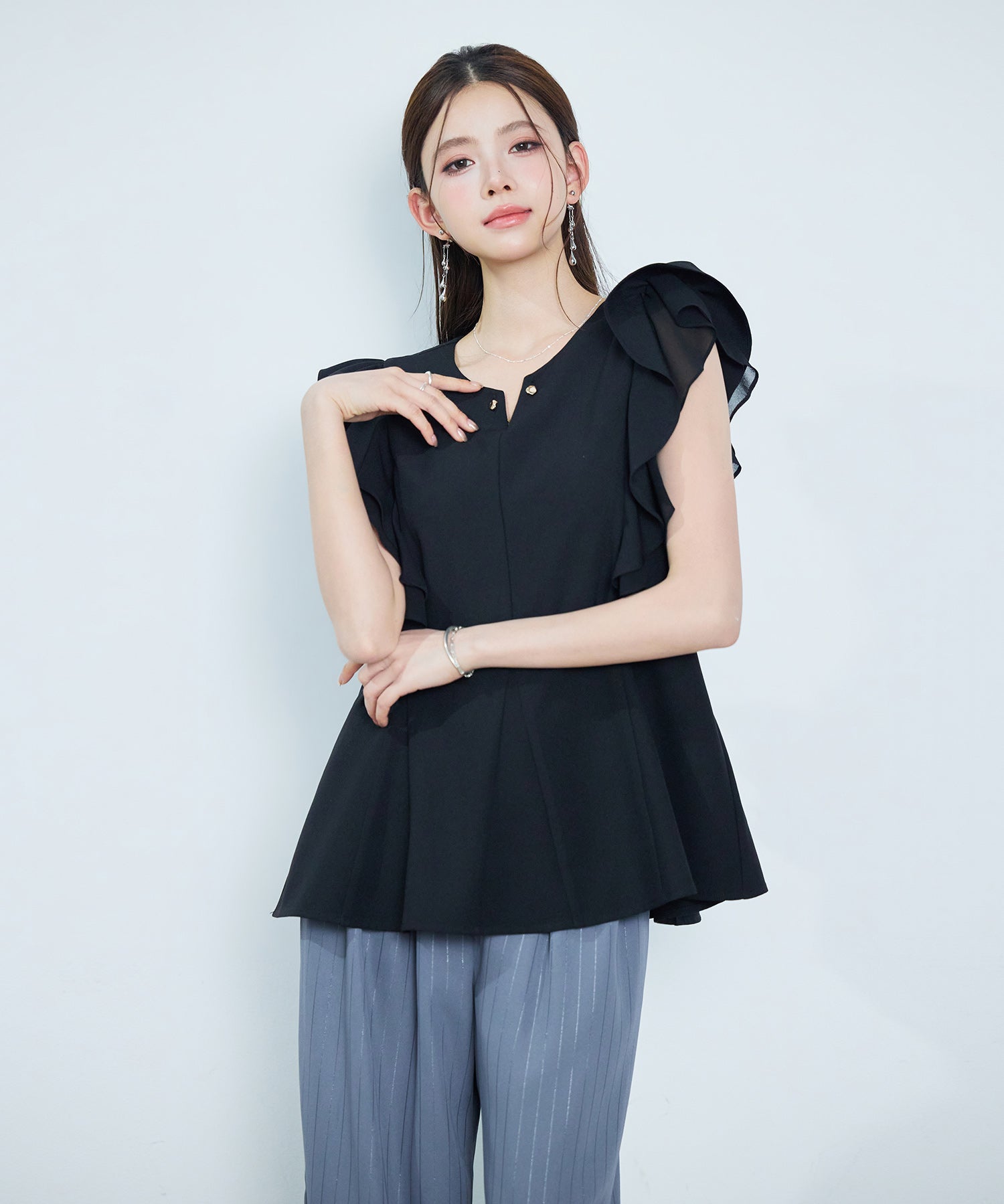 ダブルフリルキーネックブラウスsdp0394 ブラック