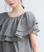 刺繡入りオーガンジーフリルブラウスsdp0396 ダークブラウン