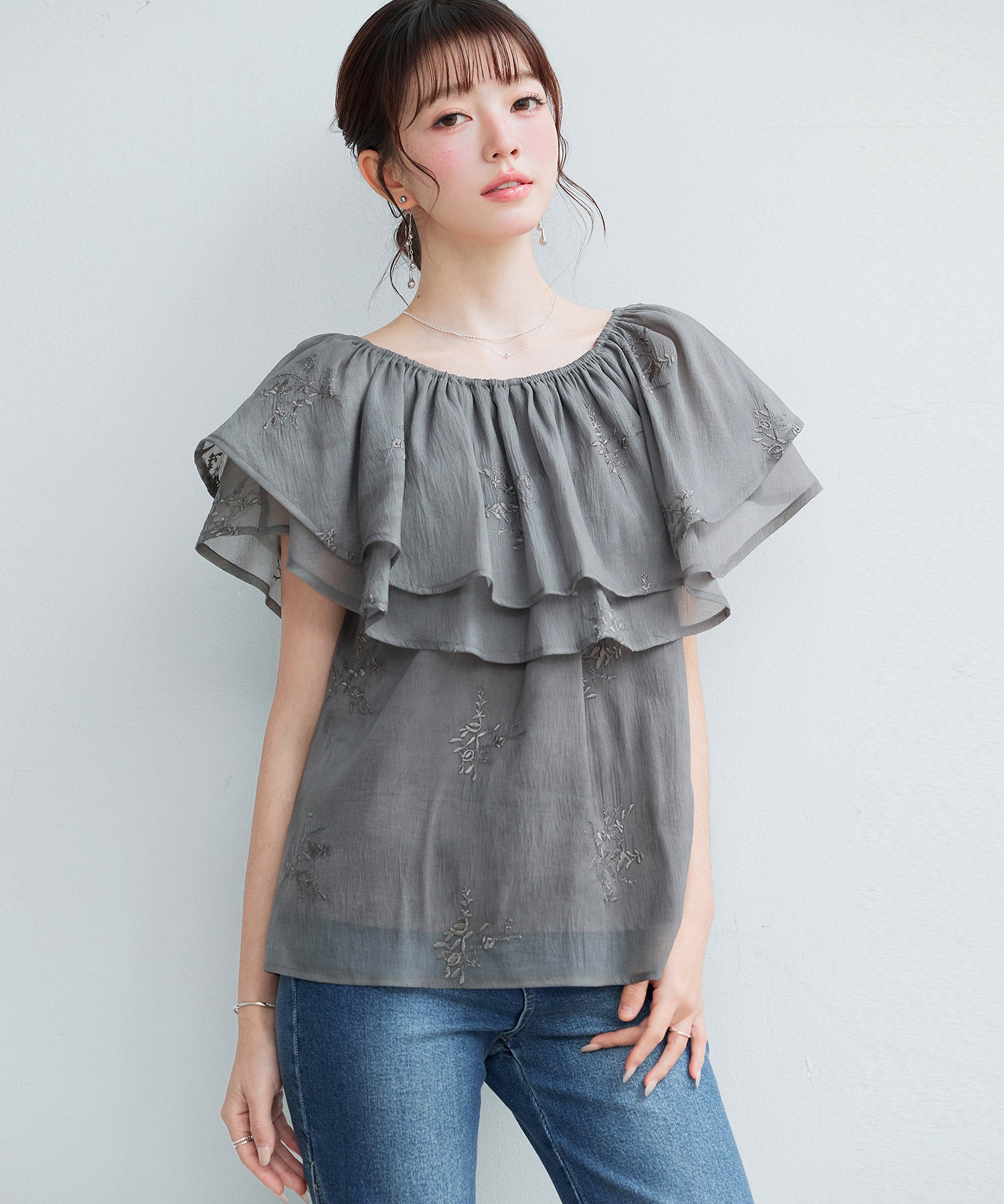 刺繡入りオーガンジーフリルブラウスsdp0396 ダークブラウン