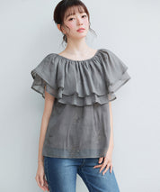 刺繡入りオーガンジーフリルブラウスsdp0396 ダークブラウン