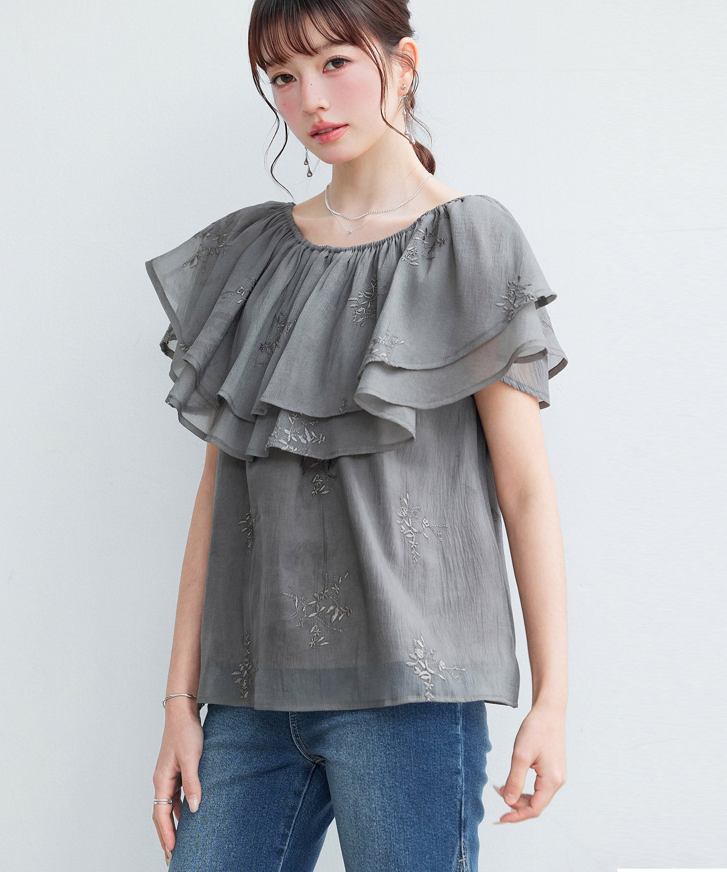 刺繡入りオーガンジーフリルブラウスsdp0396 ダークブラウン