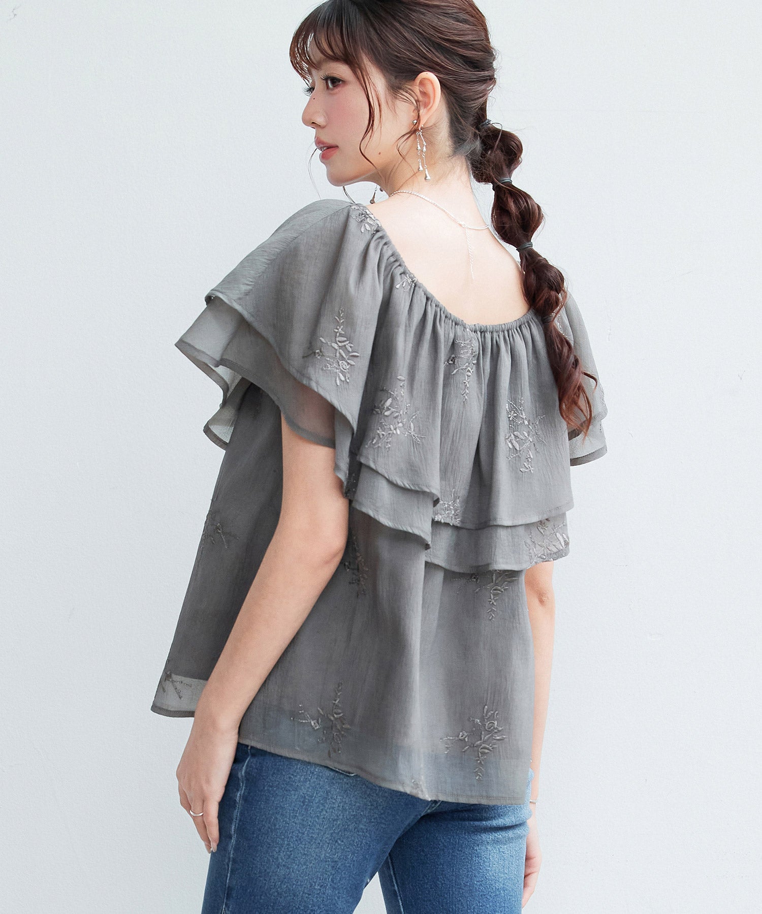 刺繡入りオーガンジーフリルブラウスsdp0396 ダークブラウン