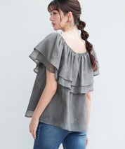 刺繡入りオーガンジーフリルブラウスsdp0396 ダークブラウン