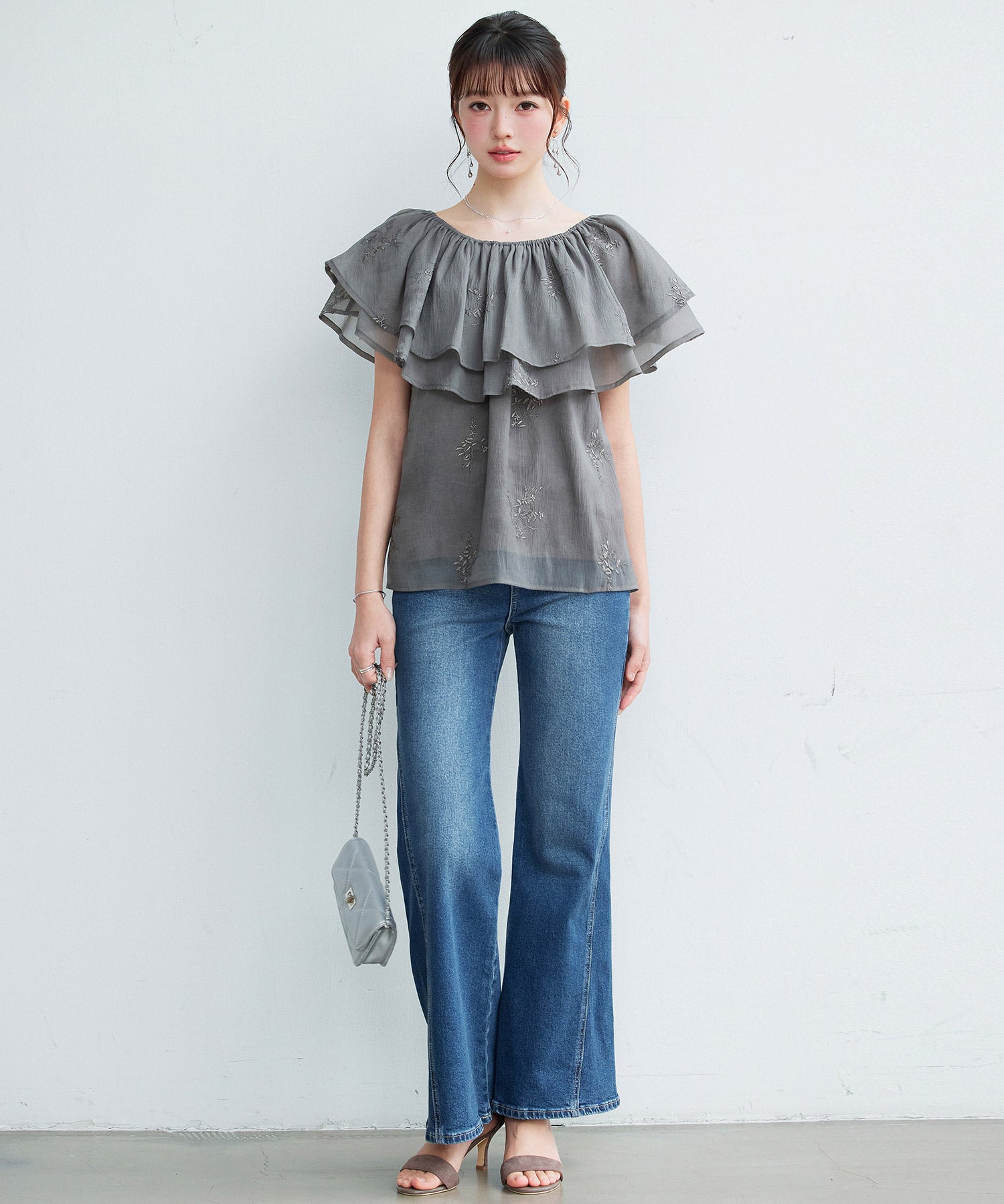 刺繡入りオーガンジーフリルブラウスsdp0396 ダークブラウン