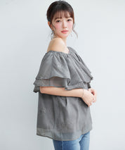 刺繡入りオーガンジーフリルブラウスsdp0396 ダークブラウン