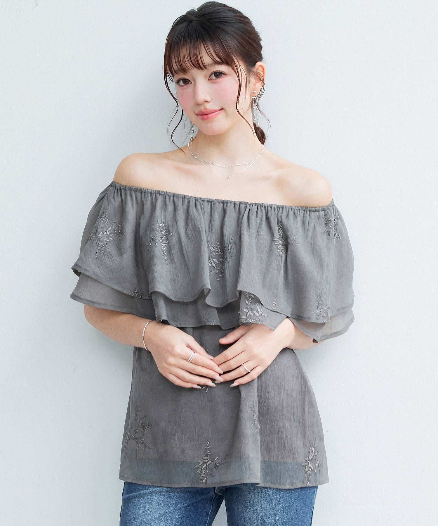 刺繡入りオーガンジーフリルブラウスsdp0396 ダークブラウン