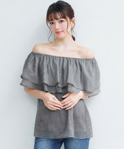 刺繡入りオーガンジーフリルブラウスsdp0396 ダークブラウン