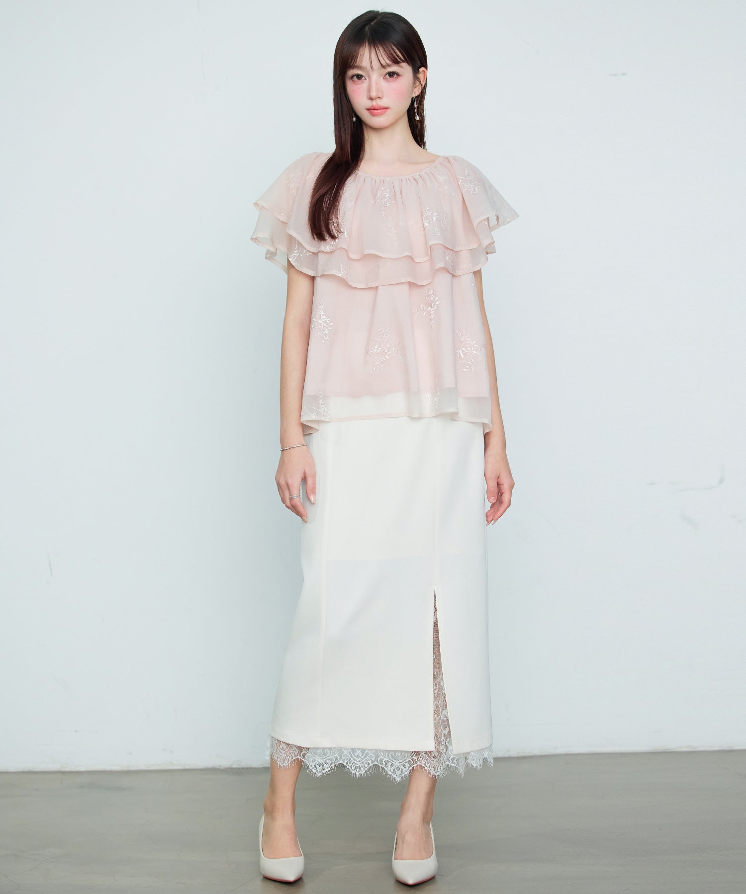 刺繡入りオーガンジーフリルブラウスsdp0396 ピンク