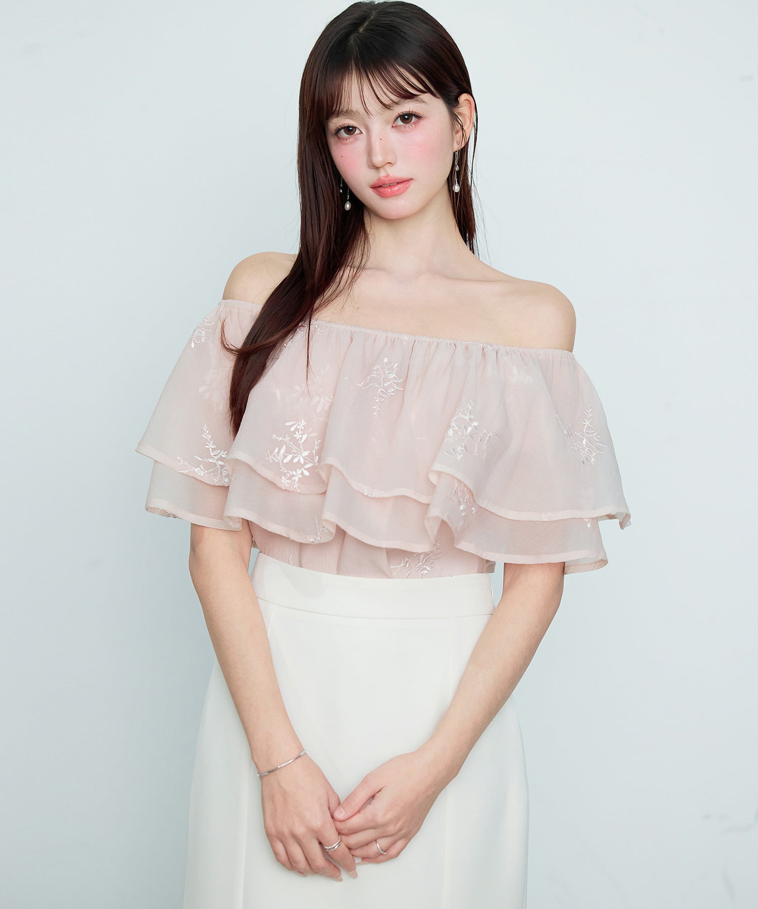 刺繡入りオーガンジーフリルブラウスsdp0396 ピンク