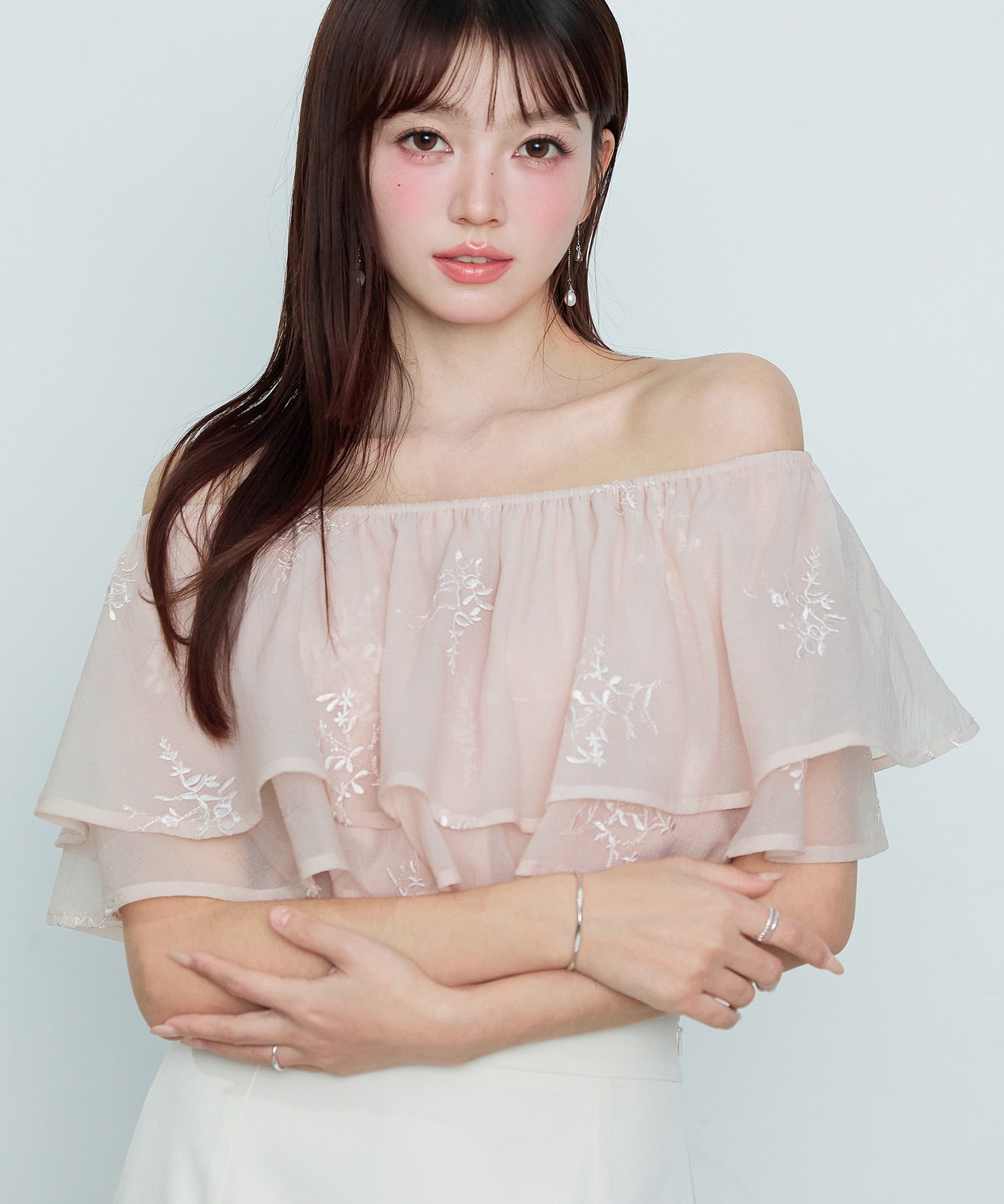 刺繡入りオーガンジーフリルブラウスsdp0396 ピンク