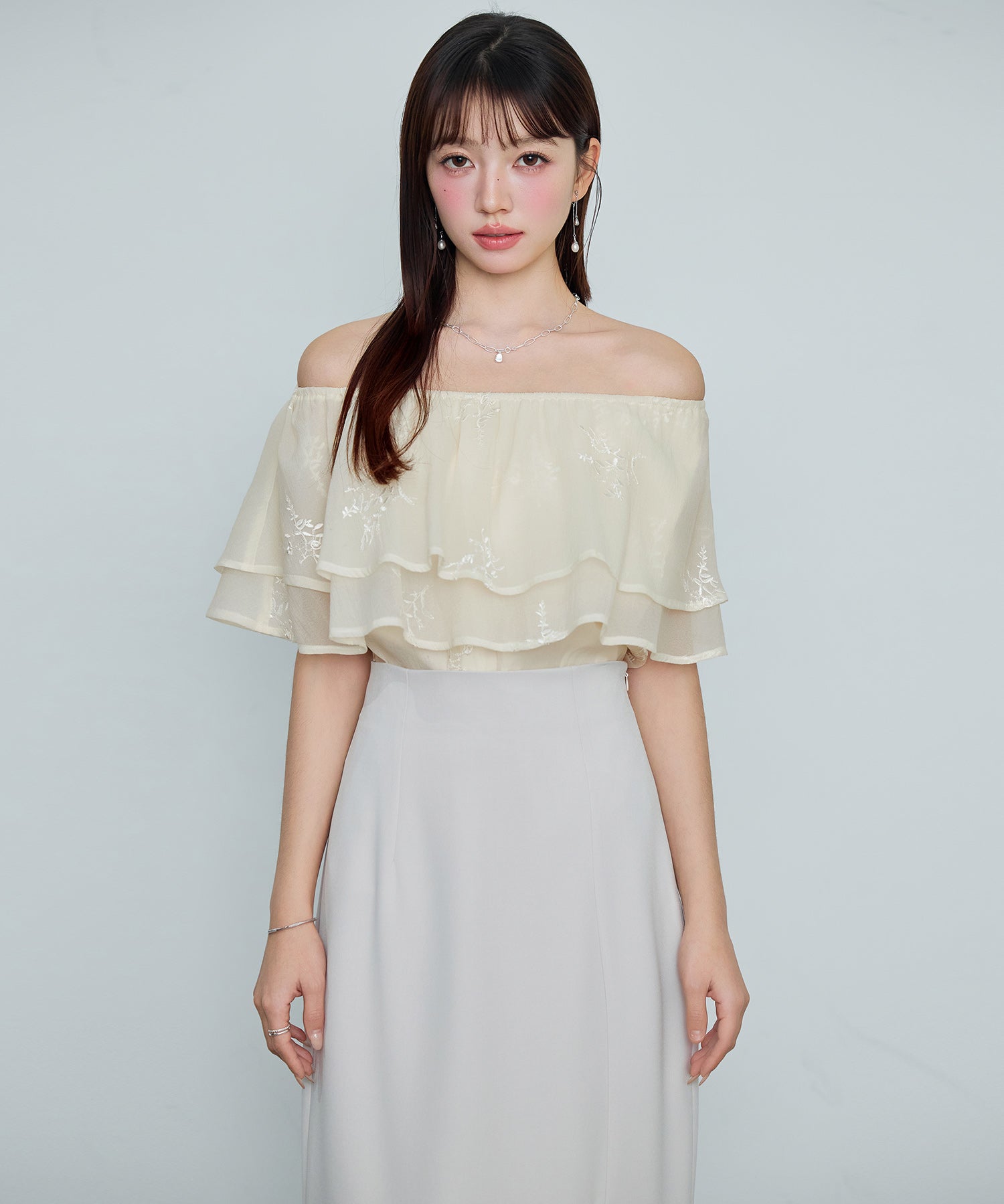 刺繡入りオーガンジーフリルブラウスsdp0396 アイボリー