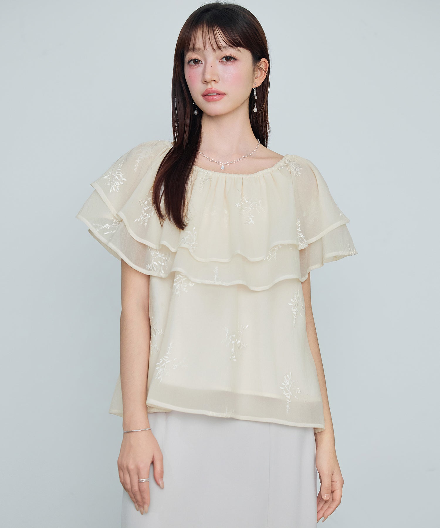 刺繡入りオーガンジーフリルブラウスsdp0396 アイボリー