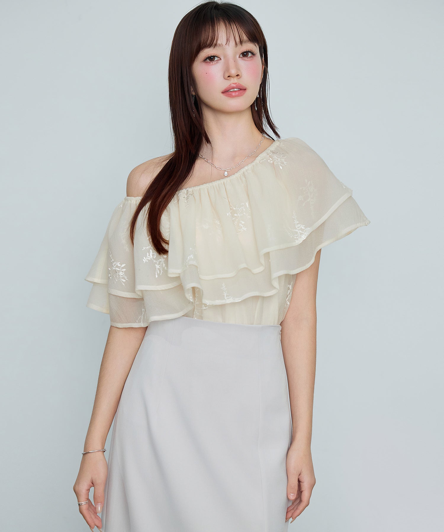 刺繡入りオーガンジーフリルブラウスsdp0396 アイボリー