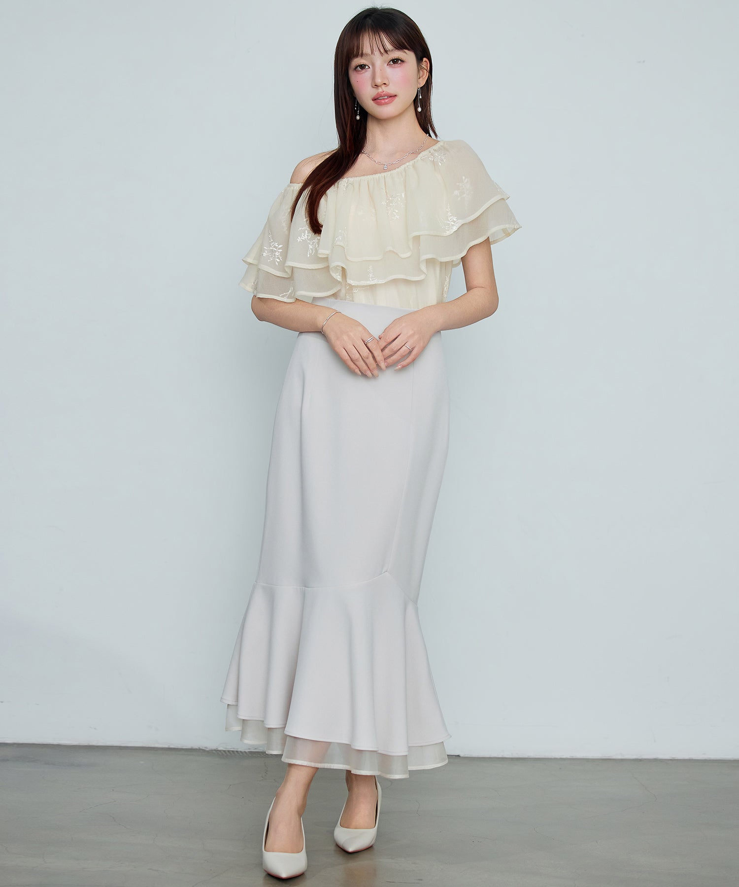 刺繡入りオーガンジーフリルブラウスsdp0396 アイボリー