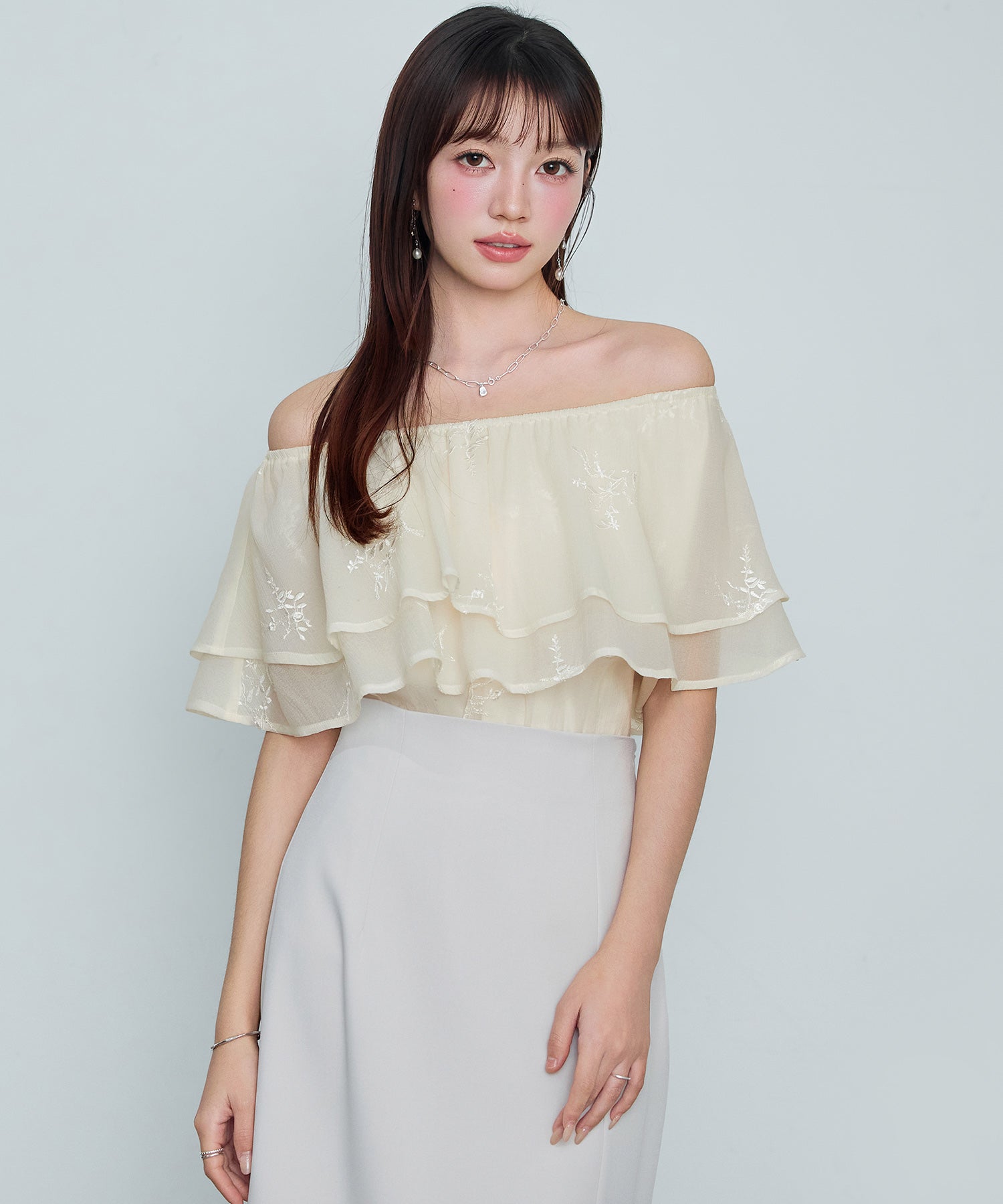 刺繡入りオーガンジーフリルブラウスsdp0396 アイボリー