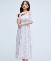 オフショルダー花柄シフォンワンピースsdp0406 ラベンダー