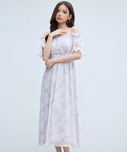オフショルダー花柄シフォンワンピース ｜ 全2色 × 3サイズ