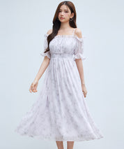 オフショルダー花柄シフォンワンピースsdp0406 ラベンダー