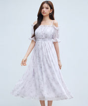 オフショルダー花柄シフォンワンピース ｜ 全2色 × 3サイズ