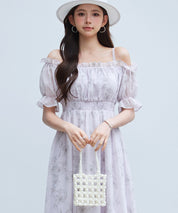 オフショルダー花柄シフォンワンピースsdp0406 ラベンダー