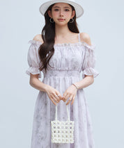 オフショルダー花柄シフォンワンピース ｜ 全2色 × 3サイズ