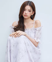 オフショルダー花柄シフォンワンピースsdp0406 ラベンダー