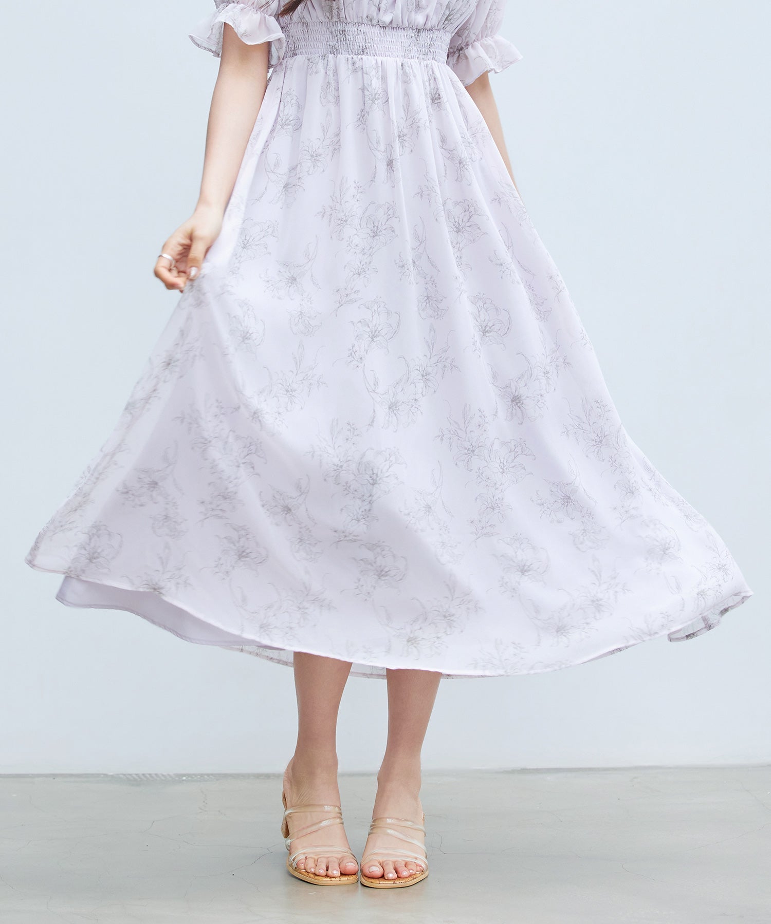 オフショルダー花柄シフォンワンピース ｜ 全2色 × 3サイズ