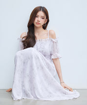 オフショルダー花柄シフォンワンピースsdp0406 ラベンダー