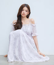 オフショルダー花柄シフォンワンピース ｜ 全2色 × 3サイズ