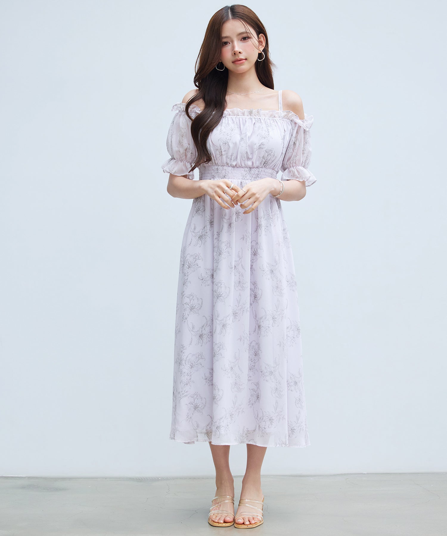 オフショルダー花柄シフォンワンピースsdp0406 ラベンダー