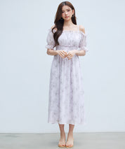 オフショルダー花柄シフォンワンピースsdp0406 ラベンダー