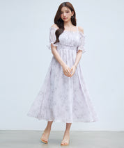 オフショルダー花柄シフォンワンピースsdp0406 ラベンダー