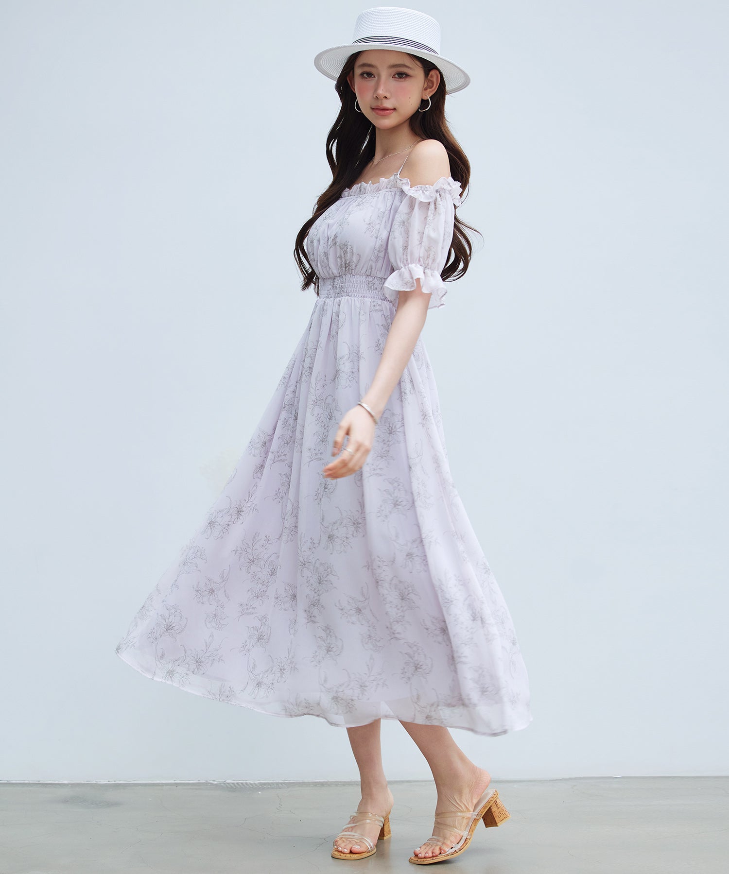 オフショルダー花柄シフォンワンピースsdp0406 ラベンダー
