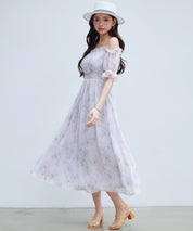 オフショルダー花柄シフォンワンピースsdp0406 ラベンダー