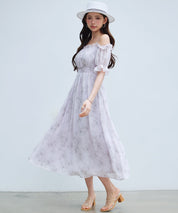オフショルダー花柄シフォンワンピース ｜ 全2色 × 3サイズ