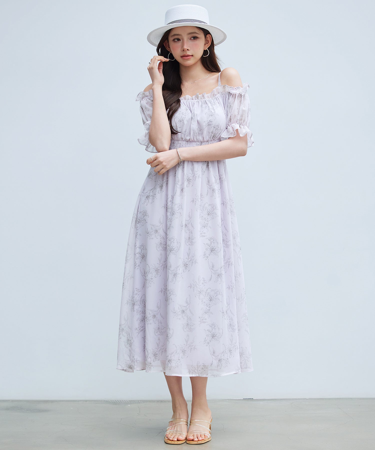 オフショルダー花柄シフォンワンピースsdp0406 ラベンダー