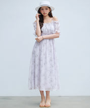 オフショルダー花柄シフォンワンピースsdp0406 ラベンダー