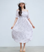 オフショルダー花柄シフォンワンピースsdp0406 ラベンダー