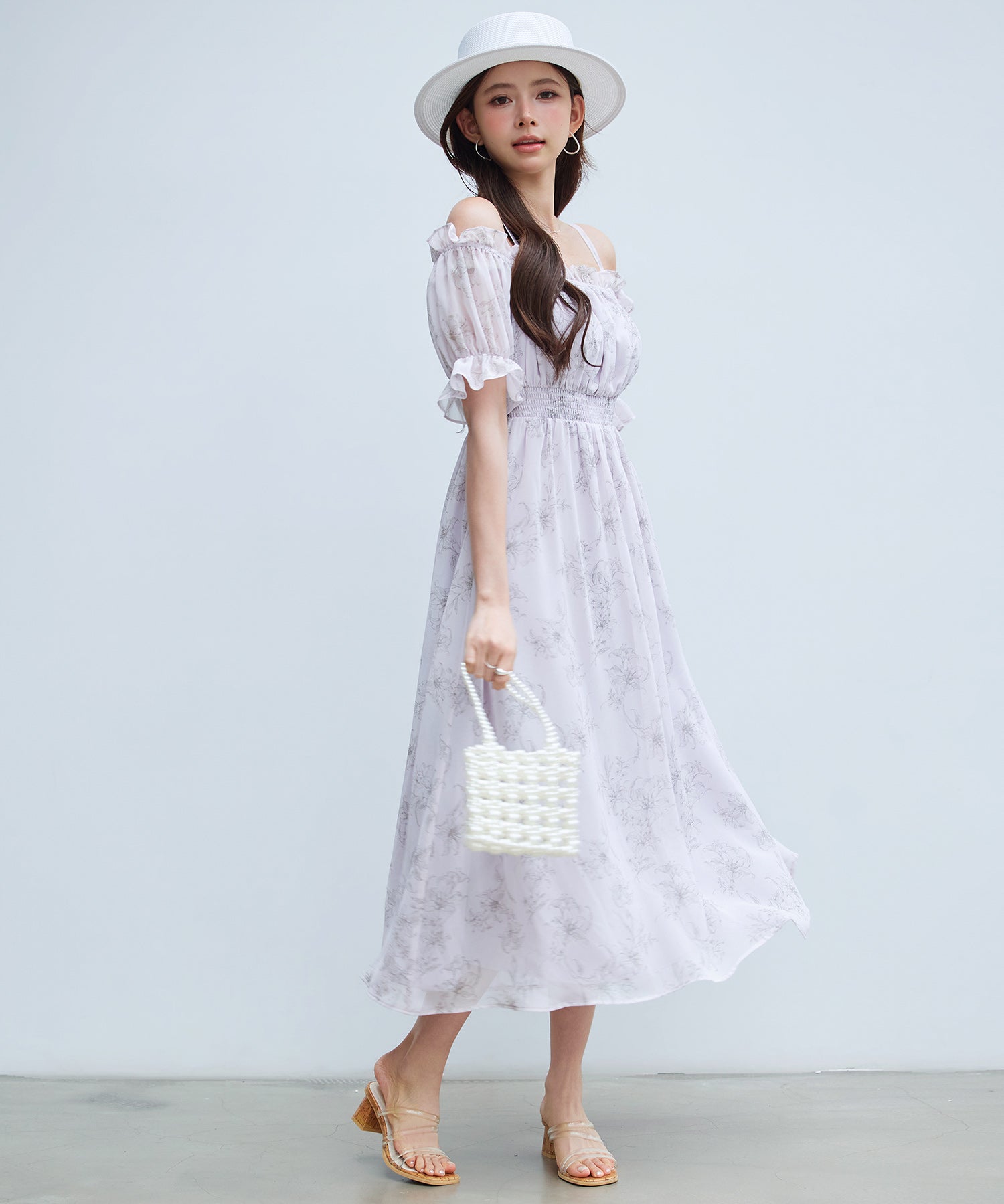 オフショルダー花柄シフォンワンピースsdp0406 ラベンダー