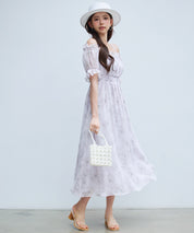 オフショルダー花柄シフォンワンピースsdp0406 ラベンダー