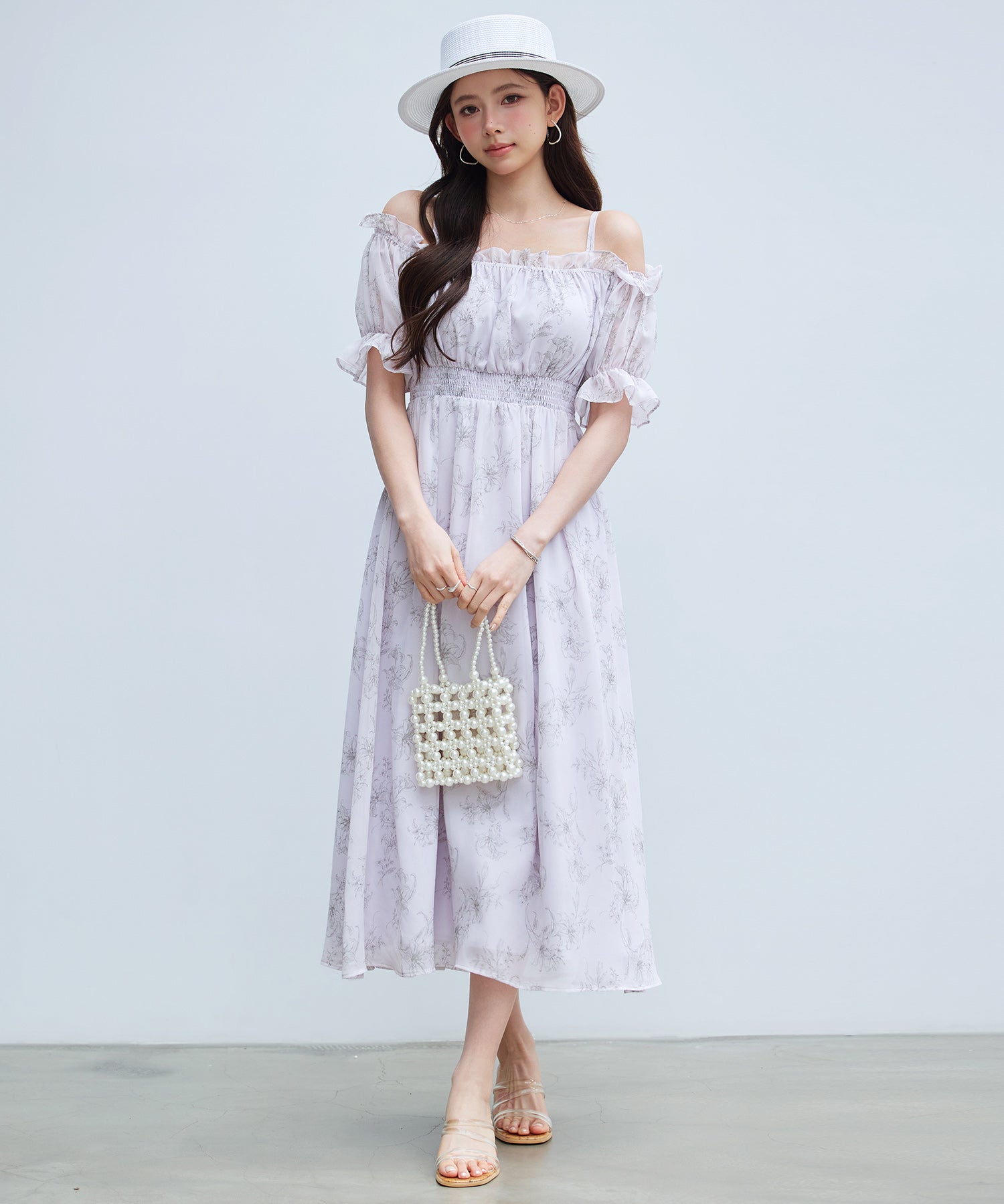 オフショルダー花柄シフォンワンピースsdp0406 ラベンダー