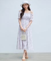 オフショルダー花柄シフォンワンピースsdp0406 ラベンダー