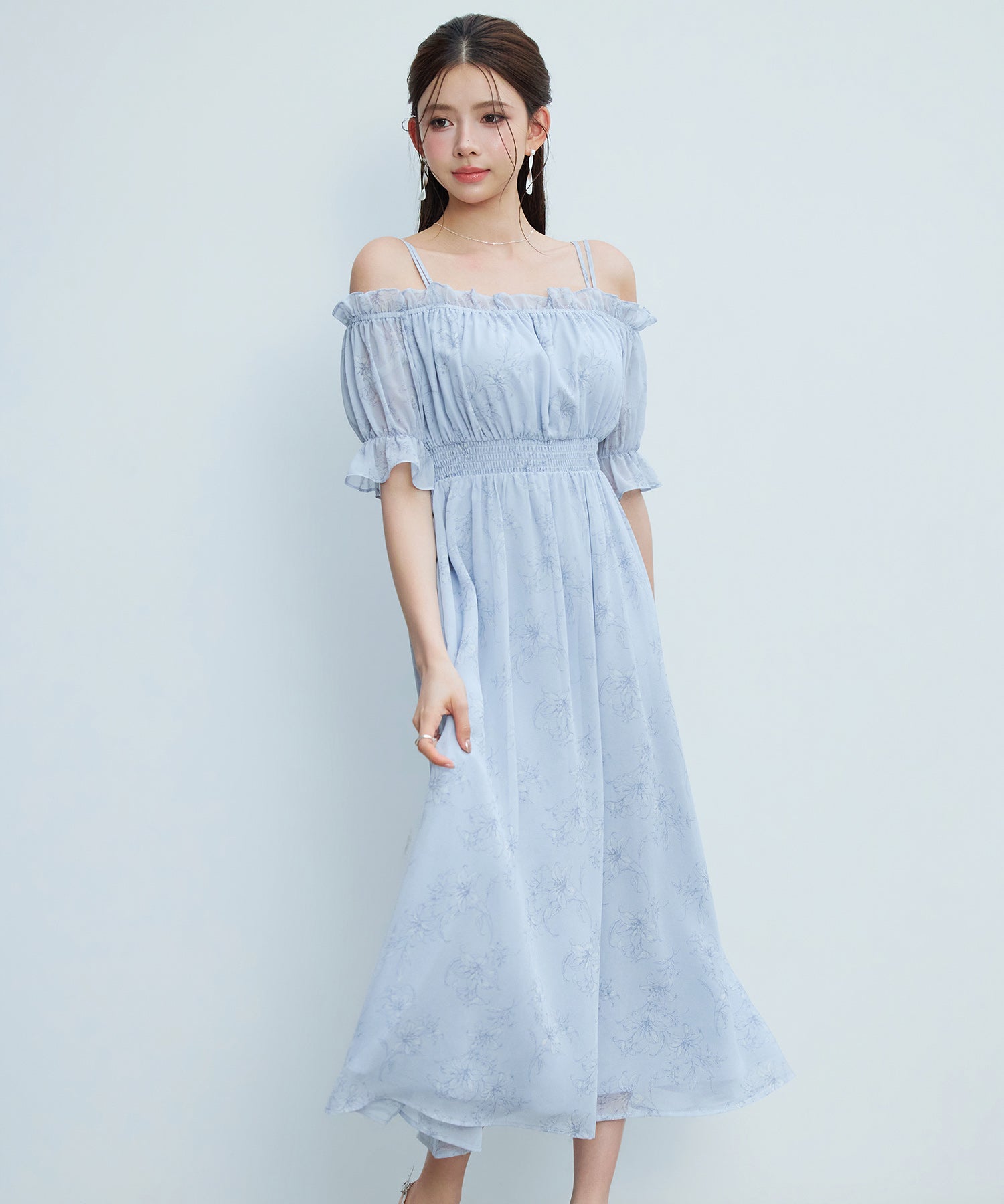 オフショルダー花柄シフォンワンピースsdp0406-102-34