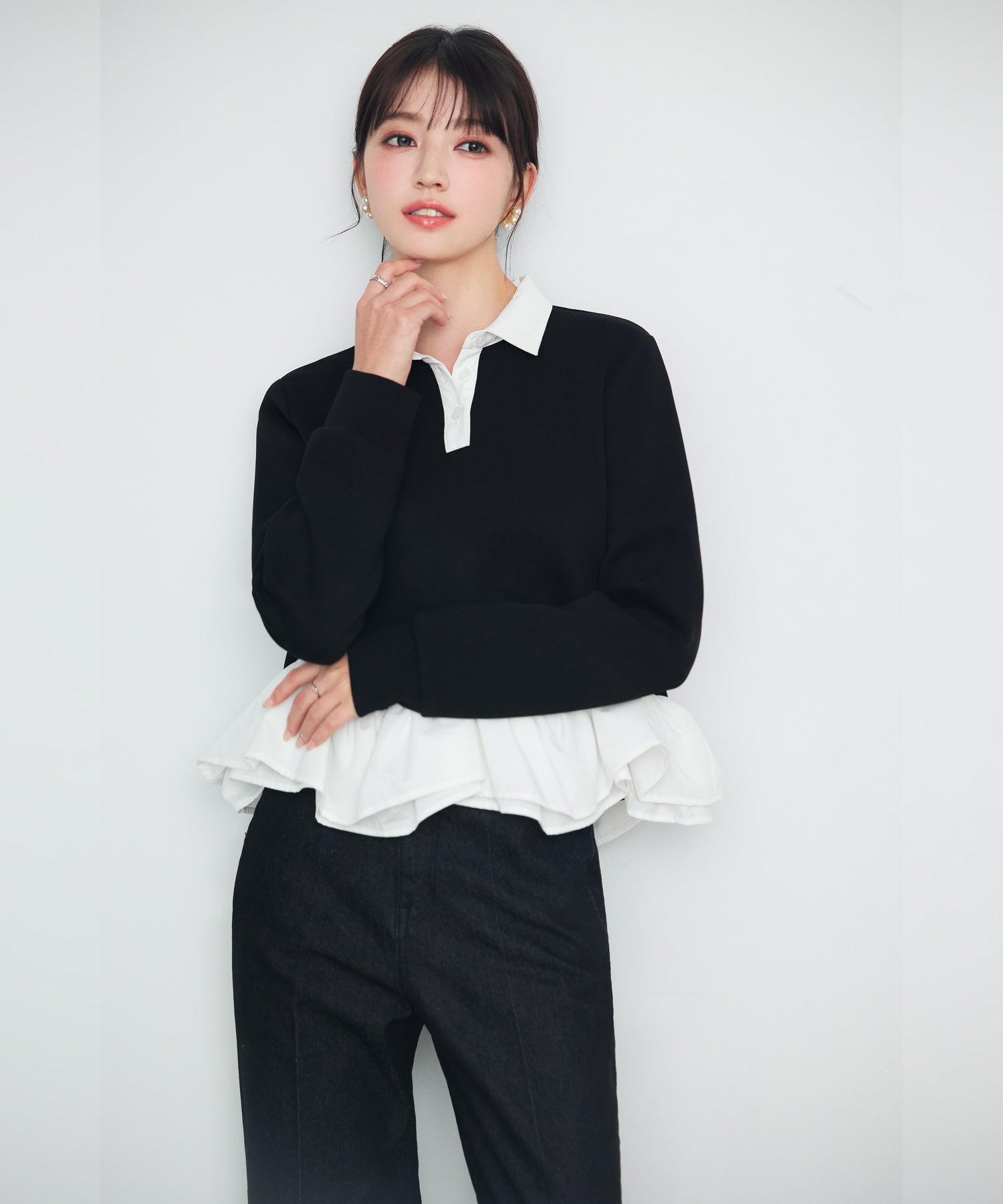異素材がドッキングしたフレアカットソー