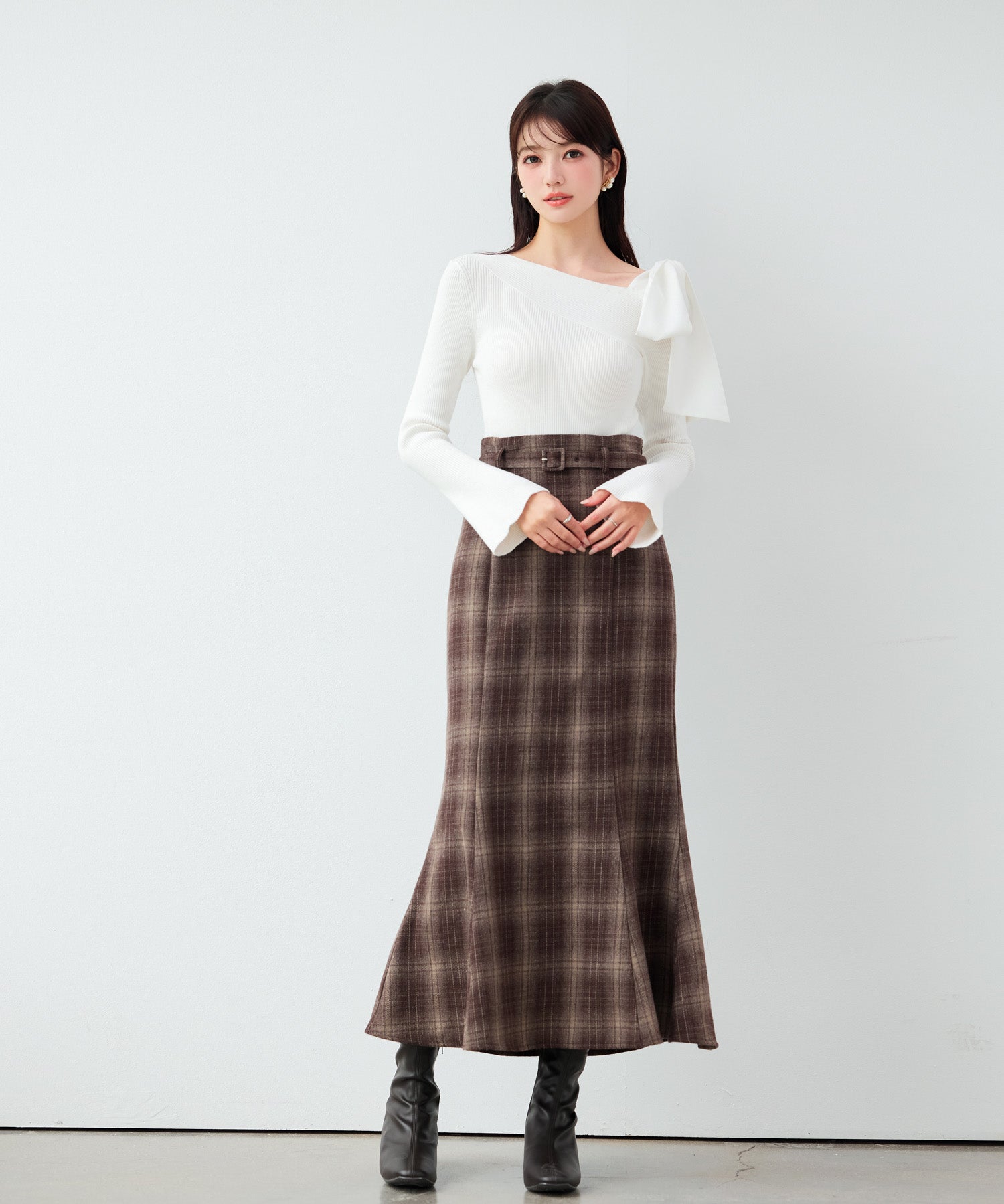 ベルト付きマーメイドチェック柄スカート