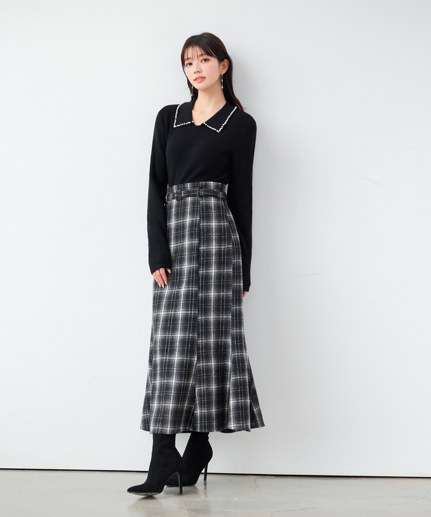 ベルト付きマーメイドチェック柄スカート