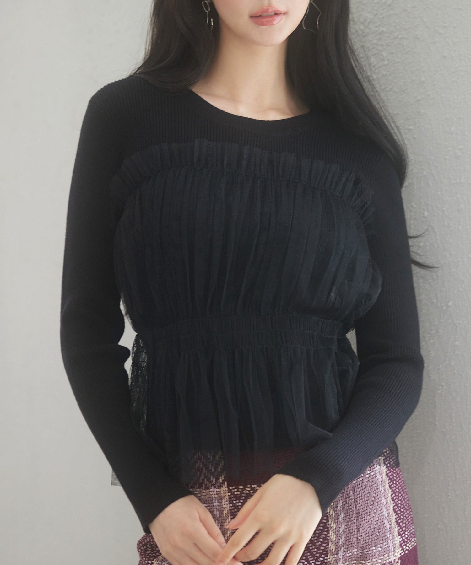 チュールとニットがドッキングしたビスチェ風プルオーバーsdp8011