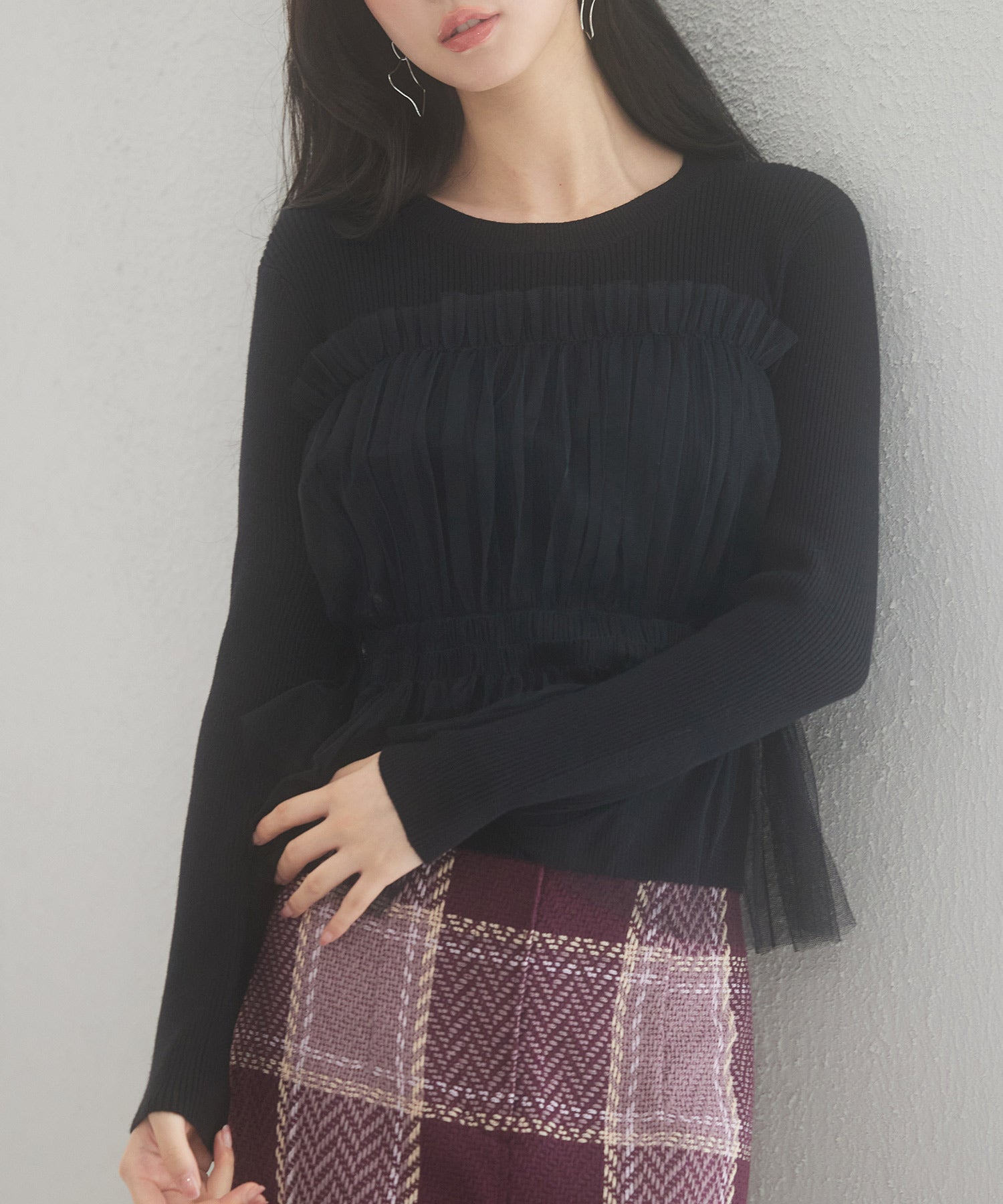 チュールとニットがドッキングしたビスチェ風プルオーバーsdp8011