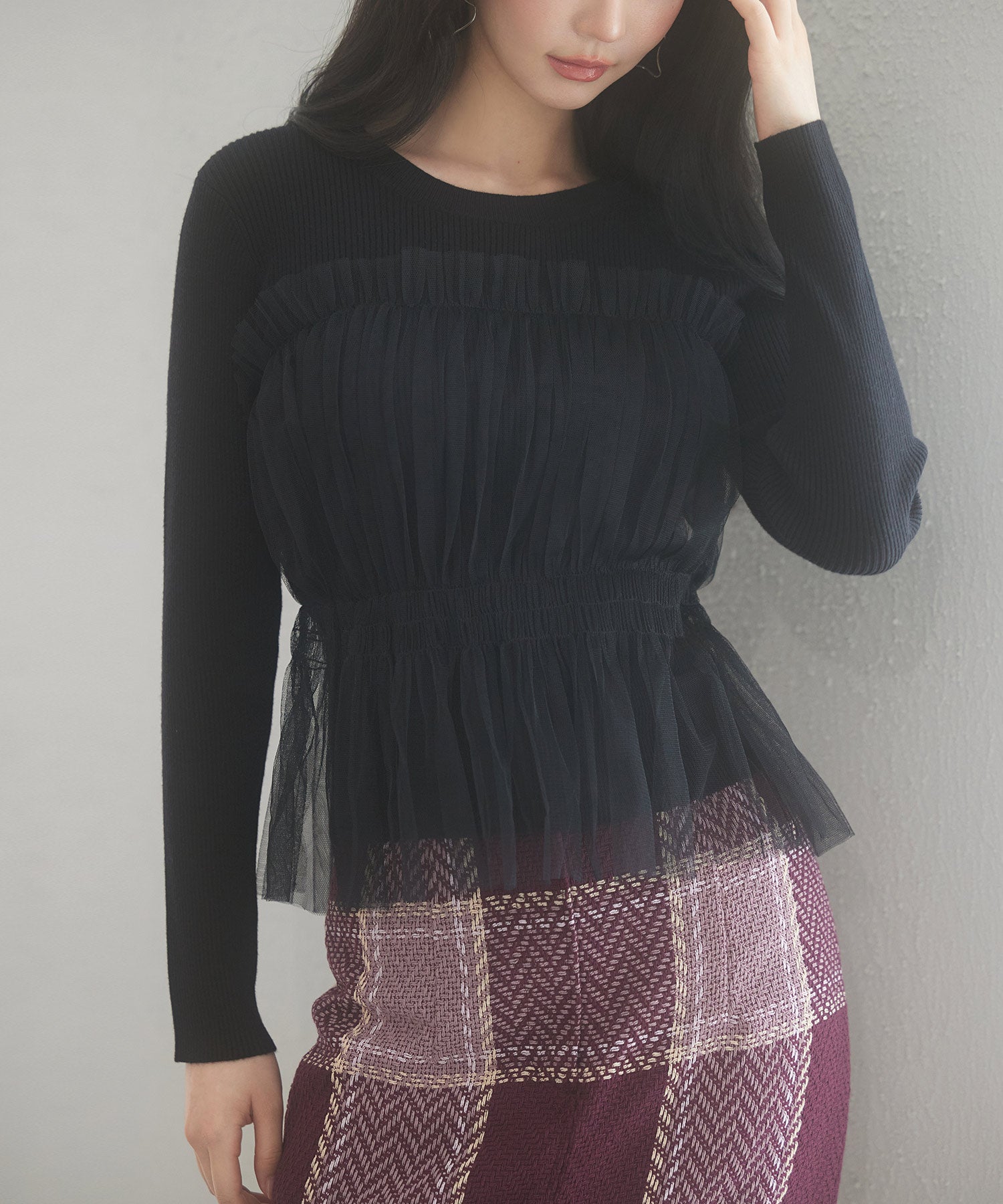 チュールとニットがドッキングしたビスチェ風プルオーバーsdp8011