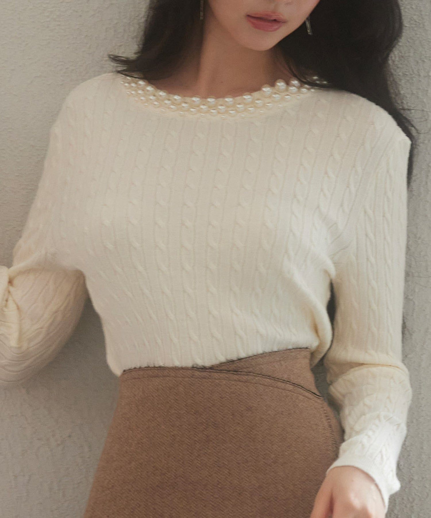 パールネックケーブル編みニットプルーオーバーsdp8018 アイボリー